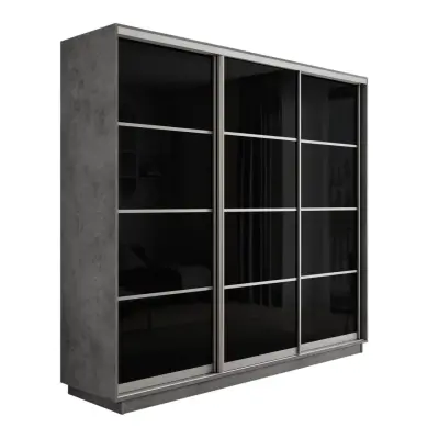 Оптим 3-х дверный 4 секции (Стекло черное) (Бетон 2400х2200х600 К-3.9 Серебро профиль)
