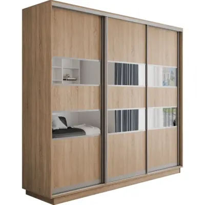 Оптим 3-х дверный 5 секций (ЛДСП, Зеркало) (Дуб Бардолино 1800х2200х440 К-3.6 Серебро профиль)