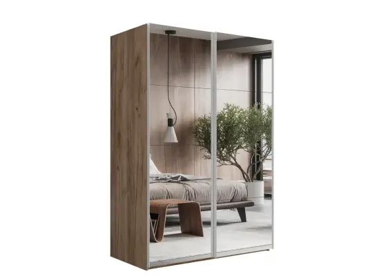 Эста 2-х дверный (8 Зеркал) (Крафт табачный 2000х2400х660 2 штанги, 4 полки, 2 ящика Серебро профиль)