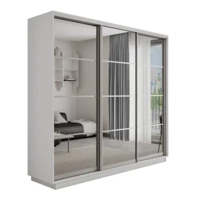 Оптим 3-х дверный 4 секции (Зеркало) (Белый снег 2400х2200х600 К-3.5 Серебро профиль)