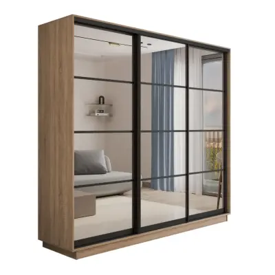 Экспресс 3-х дверный 4 секции (Зеркало) (Сонома 1800х2200х440 2 выдвижные штанги, 9 полок, 2 ящика Черный профиль)