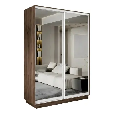 Экспресс Хит 2-х дверный (Зеркало) (Крафт табачный 1200х2200х600 1 штанга, 4 полки, 2 ящика Белый профиль)