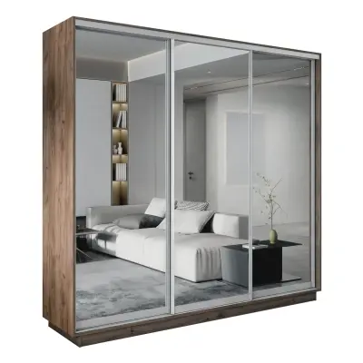Экспресс 3-х дверный (Зеркало) (Крафт табачный 1800х2200х440 2 выдвижные штанги, 9 полок, 2 ящика Серебро профиль)