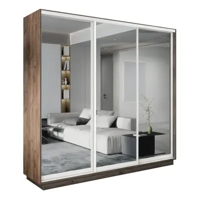 Экспресс 3-х дверный (Зеркало) (Крафт табачный 1800х2200х440 2 выдвижные штанги, 9 полок, 2 ящика Белый профиль)