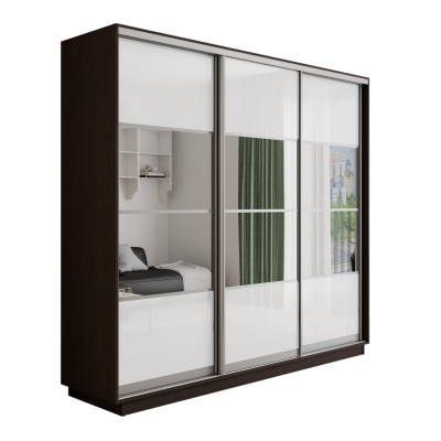 Оптим 3-х дверный 4 секции (Стекло белое, Зеркало) (Венге 2400х2200х600 К-3.1 Серебро профиль)