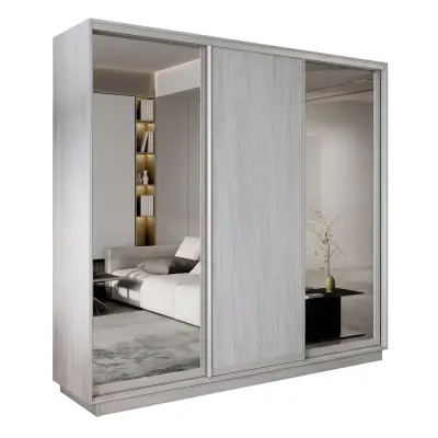 Экспресс 3-х дверный (Зеркало, ЛДСП) (Ясень Анкор светлый 1800х2200х440 2 выдвижные штанги, 9 полок, 2 ящика Серебро профиль)