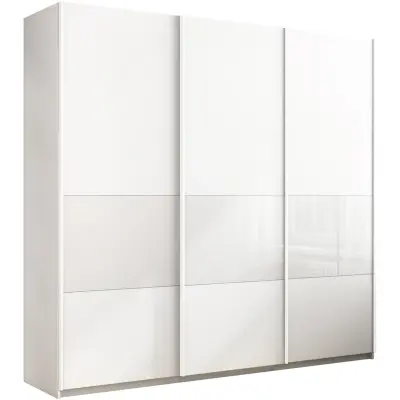 Широкий Прайм 3-х дверный (3 секции ДСП/стекло белое) (Белый снег 2400х2300х570 2 штанги, 9 полок, 2 ящика Белый профиль)
