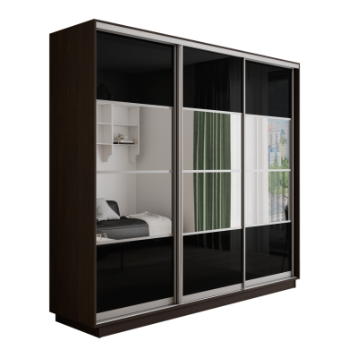 Оптим 3-х дверный 4 секции (Стекло черное, Зеркало) (Венге 2400х2200х600 К-3.6 Серебро профиль)
