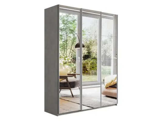 Прайм 3-х дверный (Зеркало) (Бетон 1800х2300х570 1 штанга, 9 полок, 2 ящика Серебро профиль)