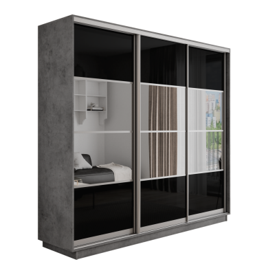 Оптим 3-х дверный 4 секции (Стекло черное, Зеркало) (Бетон 2400х2200х600 К-3.1 Серебро профиль)