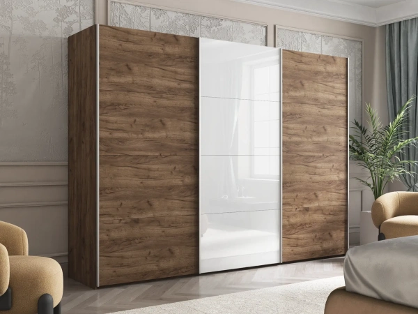 Эста 3-х дверный Медиум (4 посредине) (4 Белых стекла / 8 ЛДСП) (Крафт табачный 3000х2400х660 Эста 3х Серебро профиль)