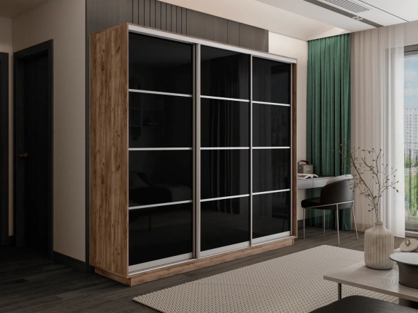 Оптим 3-х дверный 4 секции (Стекло черное) (Дуб табачный 2400х2200х440 К-3.5 Серебро профиль)