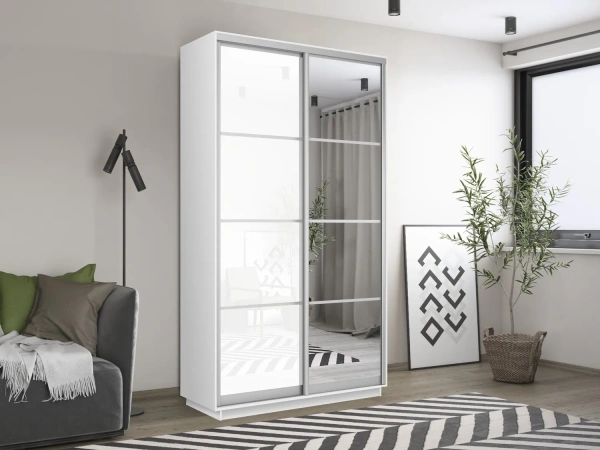 Лоял 2-х дверный (Стекло белое, Зеркало) (Белый снег 1200х2200х600 Лоял 120 2х Серебро профиль)
