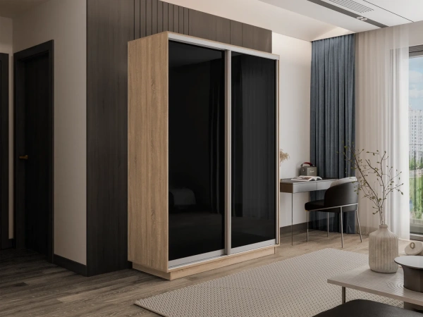 Оптим 2-х дверный 1 секция (Стекло черное) (Дуб Бардолино 1000х2200х440 К-2.2 Серебро профиль)