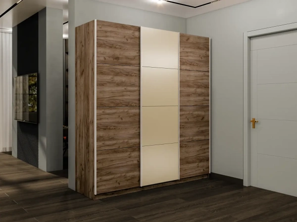 Прайм 3-х дверный (ЛДСП, Стекло фисташка) (Крафт табачный 1800х2300х570 Прайм 3х Серебро профиль)