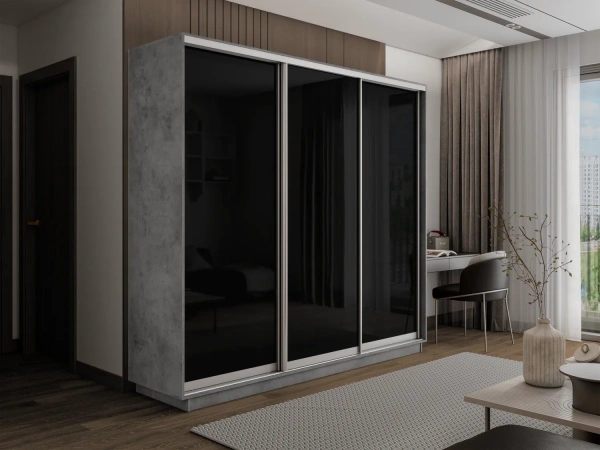 Оптим 3-х дверный 1 секция (Стекло черное) (Бетон 2400х2200х600 К-3.3 Серебро профиль)